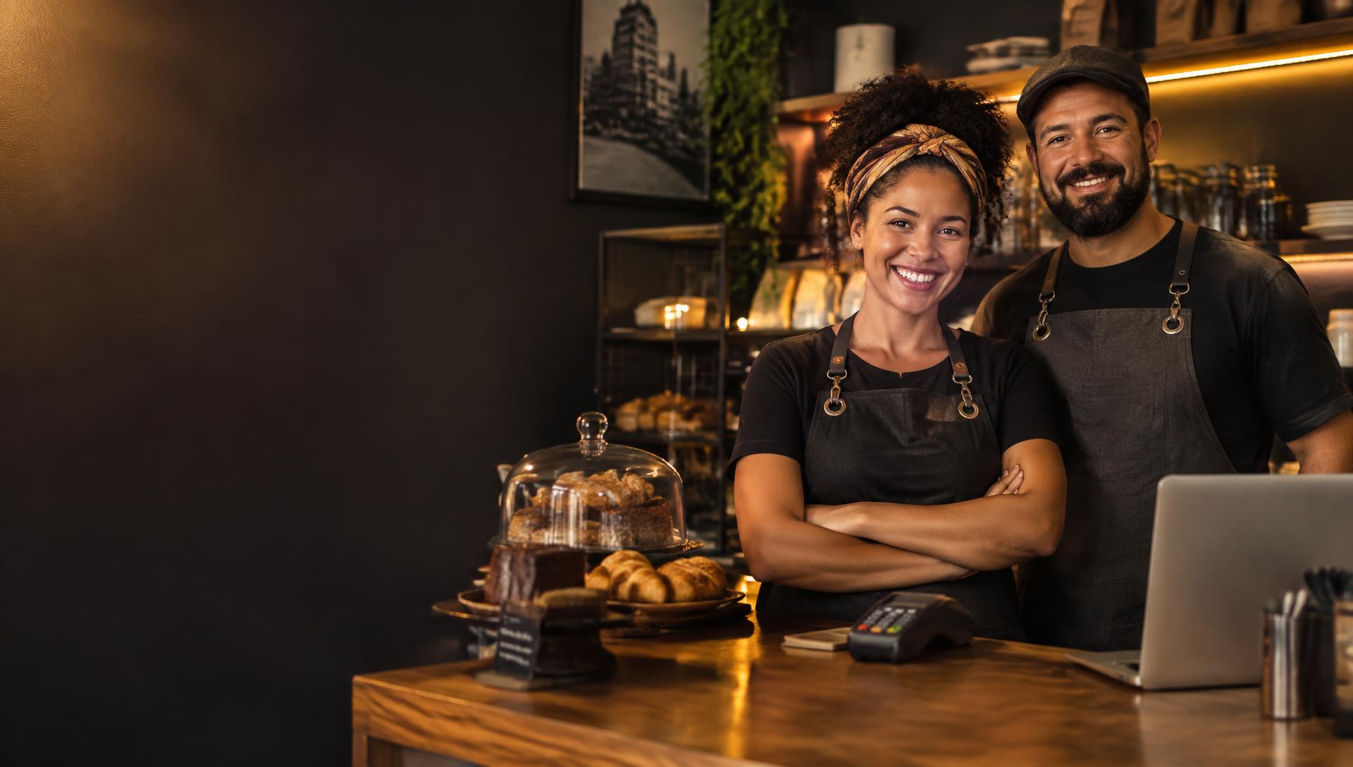Empreendedores atendendo em um pequeno negócio brasileiro
